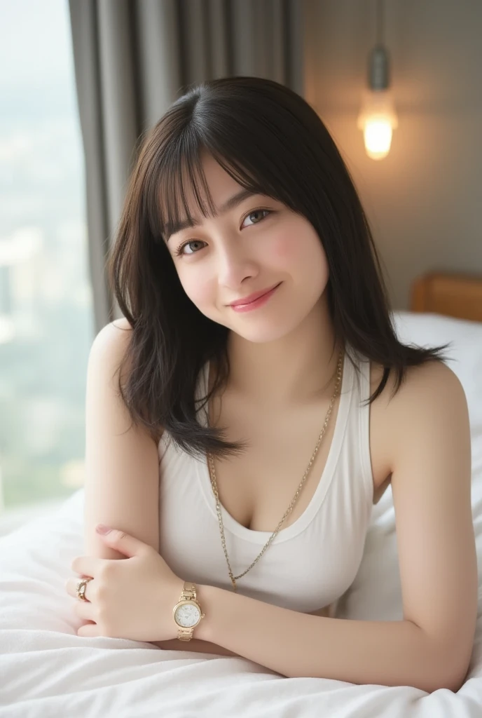 　Professional portrait of a naked Japanese woman relaxing on a plush bed in a high-rise Tokyo apartment. smile, Medium long brown hair, pale skin, completely nude, large breasts, small nipples, slender, narrow waist, Necklaces. looking at viewer. Natural w...