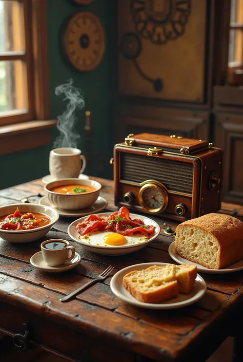 スチームbreadクな食卓。bread。butter。warm soup。hot々Bacon and Egg 。 Steampunk Coffee 。 pocket watch。スチームbreadクでアンティークなラジオ。