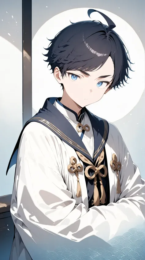 masterpiece, high score, great score, absurdres, 1boy, アラナミナギ, slim, very short black hair, ahoge, swept bangs, (spiky hair:0.7), (thick eyebrows:0.8), (jitome:0.7), blue eyes, white haori with navy gradient, seigaiha pattern, deep navy sailor collar, subt...