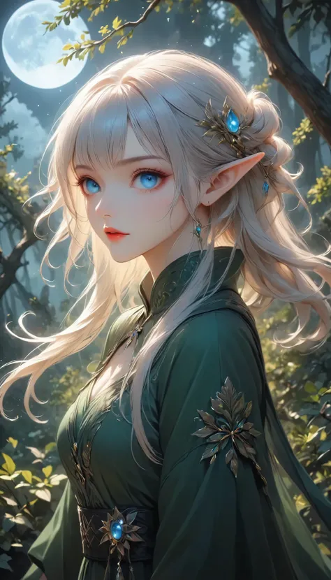  beautiful female elf, quick attacking posture, Clear Blue Eyes Shine Sharply, Starts at You, on the tree, old mysterious forest, BREAK Elongated elven ears, dark tones, Moonlight Backlight, Covert Operation Covered by Dark Night, the mysterious warm light...