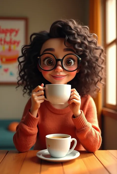 Mexican 3d girl with dark brown curly hair with glasses drinking a cup of coffee and warm with a poster in the background that says happy birthday