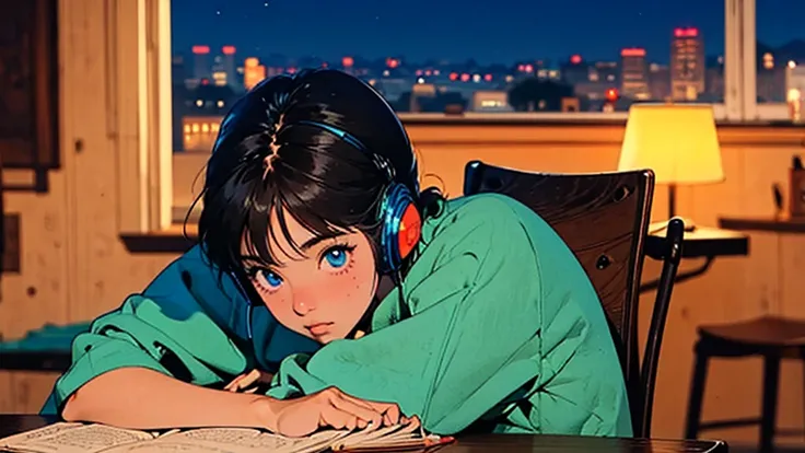  style: 80年代のアニメ styleを勉強しています,  Supernatural , 非常に Detailsな, Night Sky. main character:  SHORT HAIR GIRLS,  blue eyes, And small, Round Nose. midnight 、 Accessories:  The girl is wearing headphones and studying at her desk. setting: The setting is a bedro...