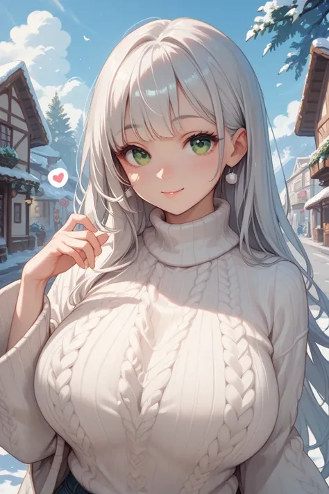 cute bagel girl,  My big breasts are covered by a sweater, It still looks big . Green eyes and silver long hair, I'm wearing a big white sweater. A sweater that goes all the way down to the bottom, sweaters with wide sleeves