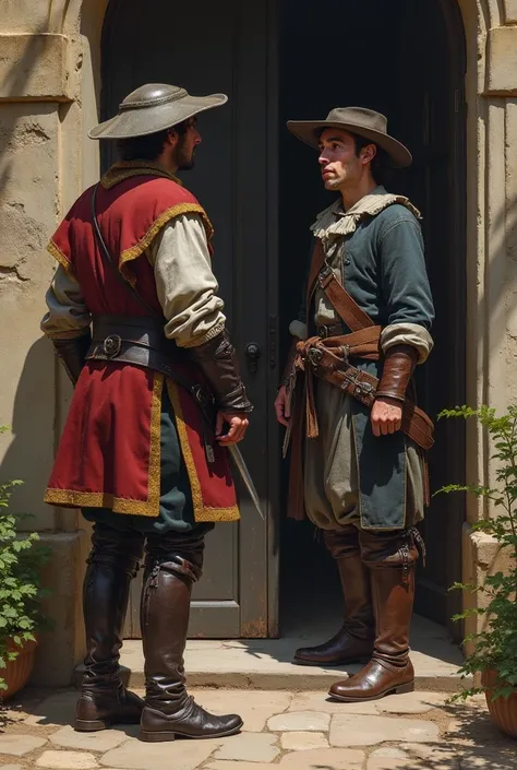 Draw D'Artagnan from behind while talking to Buckingham, Buckingham has a worried face as he has been robbed, The scenario is that both are at the entrance of a house, That they are dressed according to the era of the Three Musketeers 