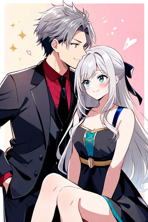 2 people、（ Silver Hair、 youth、 suit、 smart、Smile mischievously）、 staring at each other、（ Gold、 girl、 is bashful、 slightly angry ）