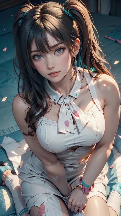 Innocence,   Dark Green Hair  ,  twin tails,  turn your arms around your back ,  white dress, Black waist tie,  girl, blue eyes,Sexy proportions、 seen from above、 PASTEL BACKGROUND 、Cute Pumps、  wristband  、Anime poster style、 speed