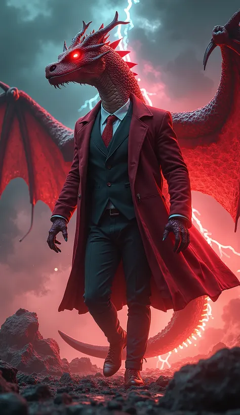 Red colour Dragon wearing coat pant Like Human Being and walking in background Black cloud and lightening, Glowing Neon Effect 