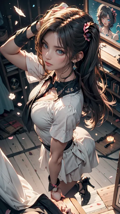 Innocence,   Dark Green Hair  ,  twin tails,  turn your arms around your back ,  white dress, Black waist tie,  girl, blue eyes,Sexy proportions、 seen from above、 PASTEL BACKGROUND 、Cute Pumps、  wristband  、Anime poster style、 speed