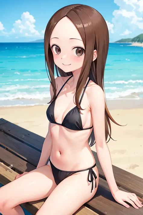 (takagi-san )
 upper body： black bikini
lower body：
 subject size ：Girl
background ：seafront
time ：daytime
expression ： smile
Posture ： time to sit
Other ：