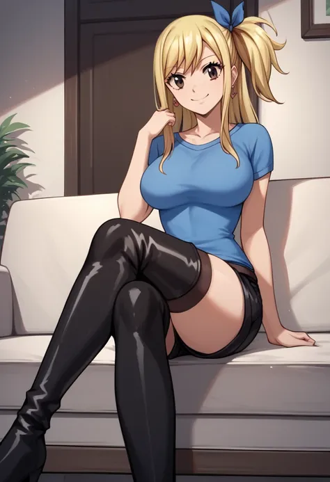 score_9, score_8_up, score_7_up, score_6_up, score_5_up, score_4_up, source_anime, 1girl, lucy heartfilia, smile, blonde hair, long hair, side ponytail, blue ribbon, brown eyes, middle breasts, earrings, thigh high boots, black boots, blue shirt, black sho...