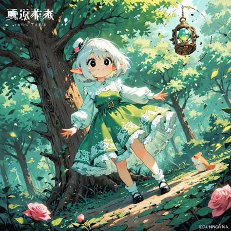 score_9, score_8_up, score_7_up, UHD, Masterpiece, amazing quality, very aesthetic, absurdres, ultra-detailed, 1girl\solo\(hamuko-chan, elf, Shining eyes:1.1, silver bob cut,  mini hat\pink rose\lace, Intricate:1.3\Green leaf dress\frill, lace), (magic\spi...