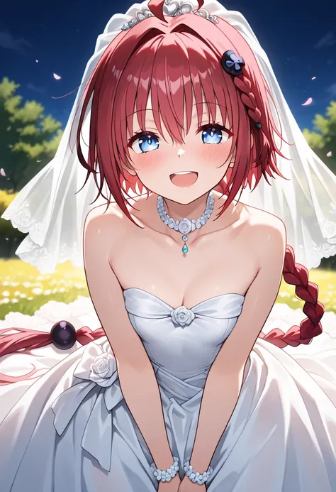 Kurosaki Mea、ahoge,very long hair,red hair,hair intakes,hair ornament,braid,hair between eyes,bangs,purple eyessmile,,, best qualitysmile ,,best quality ( best quality )、(Nonsense)、( very detailed)、( very beautiful way to hold ) information best quality 、 ...