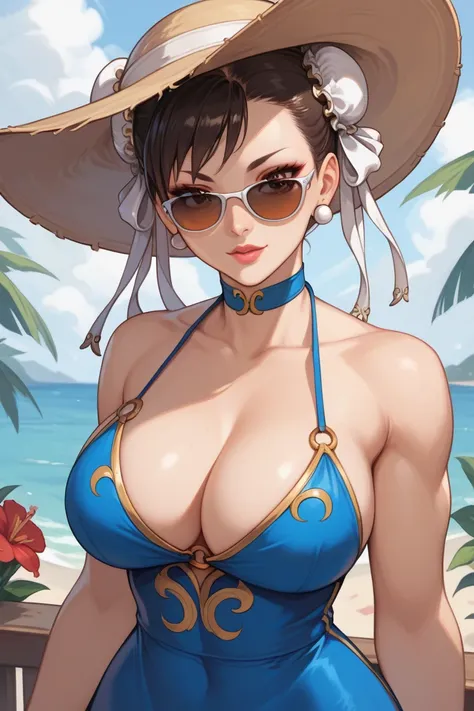 Make Chun Li busty  (88cm bust ,waist: 58 cm,  Hips: 90 cm.) In a long flower dress that is transparent and you can see what she has under the dress which is a bikini, Make him sunglasses and a sun hat.