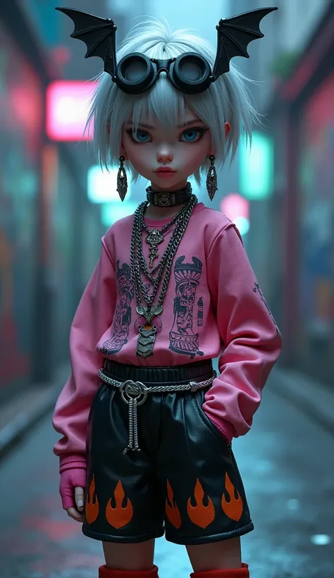 BJD style, Gothic style,  boy, silver hair, goggles on the hair, blue eyes, black bat earrings, cold expression, pink rivet collar, three silver long necklaces, long-sleeved T-shirt covered with Egyptian totems, pink fingerless gloves, porous white belt wi...