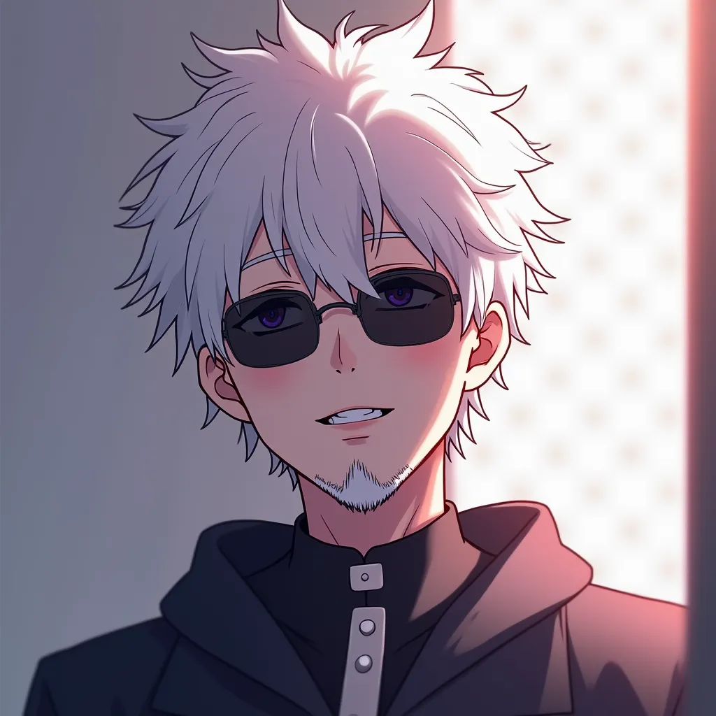  high definition model, Boys18,  white hair, beard,  minimalist background , Sunglasses,  flickering light , Blurred,  depth of field , Silhouette, Chromatic aberration, Drop Shadow, Rays of light,  God Ray,  Anime, สไตล์ Anime,  purple eyes, 