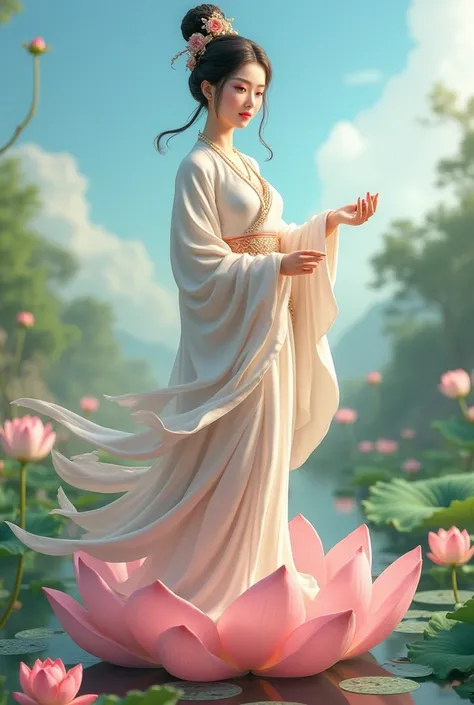 Create a highly realistic depiction of an elegant woman standing on a large lotus pedestal, dressed in flowing, traditional Chinese attire. Her robes are intricately designed with soft fabric folds, and she wears delicate jewelry, including a beaded neckla...