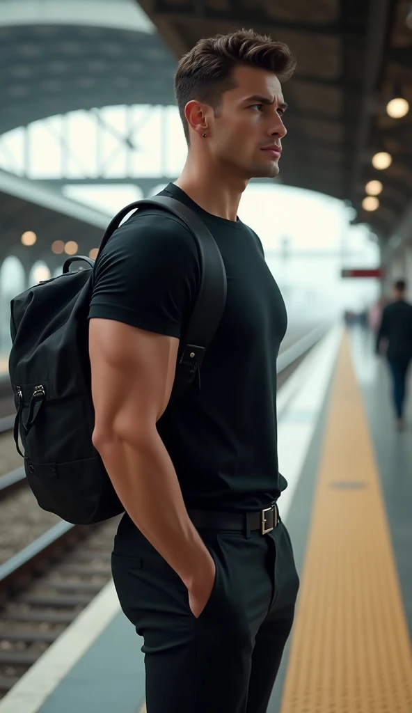 A sexy young sporty man stands at the train station with a backpack on his back .  you can see him from the side . He is wearing elegant pants with a black tshirt . He has stressed muscles