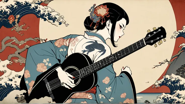 Yakuza Woman 、 Back Tattoos ､ kimono、ukiyo-e,  playing guitar 