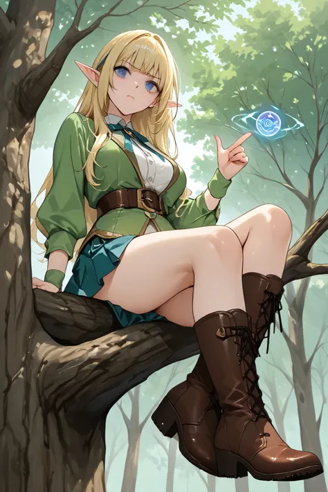 Female elf sitting on tree branch, Woman sitting、Look down and stare、cutely grumpy、Alert, mini skirt, boots,Finger guns, magic balls at fingertips、from below , dynamic composition 、 Active Angle、leg focus、foot focus、 anime、blue eyes, BLUEIRIS