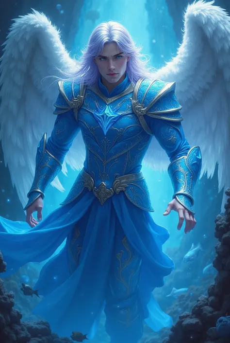 An angelic-looking male angel of impeccable beauty. male traits . man. • Appearance :  big, shiny eyes ,  long, wavy hair in shades of blue and lilac.
• Apparel :  blue armor that flows like water.
• Wings :  Angel Wings, made of fog and stars .
• Accessor...