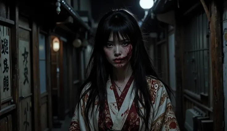 a ghost woman, Japanese woman with an evil look with long black hair, his skin was pale , (He had a cut that went through his mouth that ran horizontally from one cheek to the other ) in a dark alley in a town in Japan in the 1970s, He was wearing an old, ...