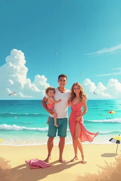 An image of a family of three on the beach that says vacation