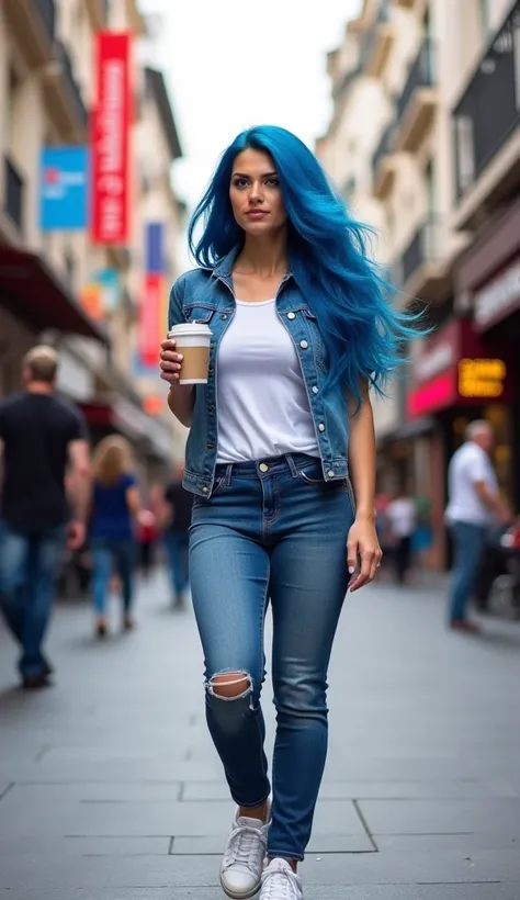 "Une femme aux longs cheveux bleu-cobalt bouclés et aux gros seins porte un look décontracté : un t-shirt blanc moulant, une veste en jean et un jean skinny déchiré. Elle marche dans une rue animée de la ville, tenant un café à la main. Les bâtiments moder...