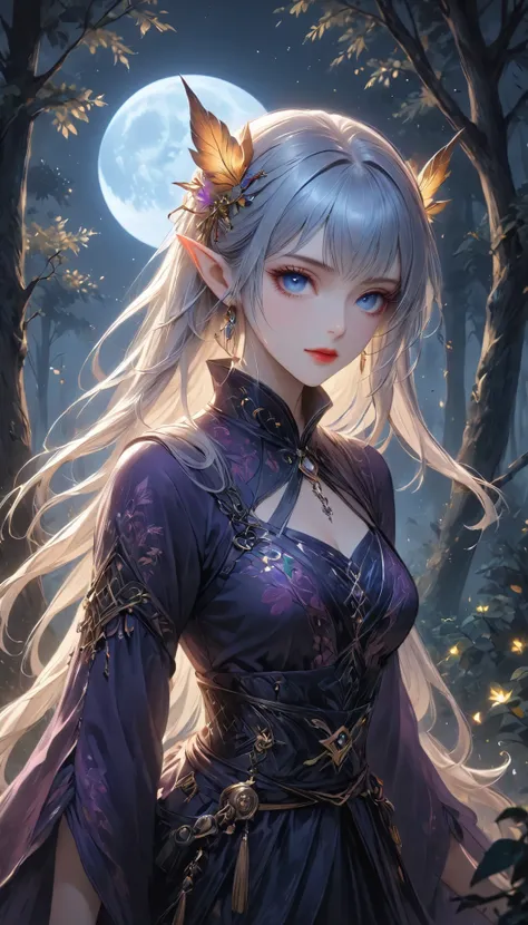 beautiful female elves, quick attacking posture, Clear Blue Eyes Shine Sharply, (Starts at You:1.27), on the tree, old mysterious forest, BREAK Elongated elven ears, dark tones, Moonlight Backlight, Covert Operation Covered by Dark Night, the mysterious w...