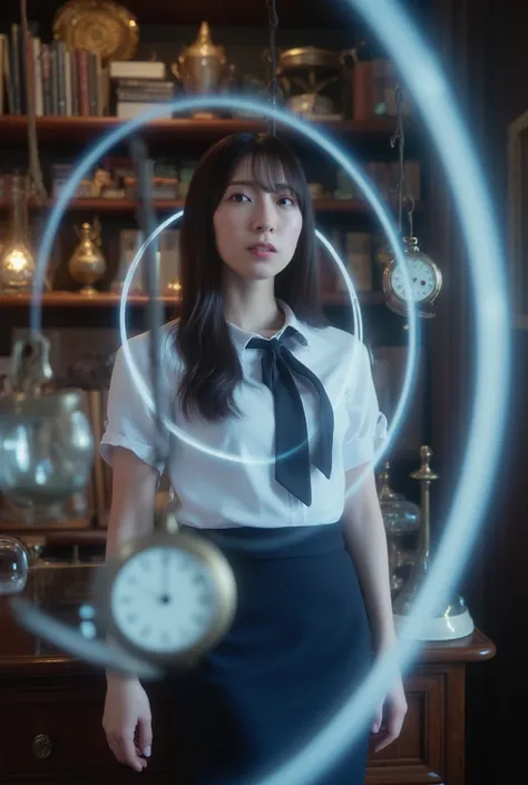 ((sexy Beautiful japanese girl, wearing a White short-sleeved shirt and  navy blue tie and short sleeve and navy blue and pencil skirt), black patent high heels) :1.5), she sitting in a classic study as the pocket watch hangs from just outside the frame, T...