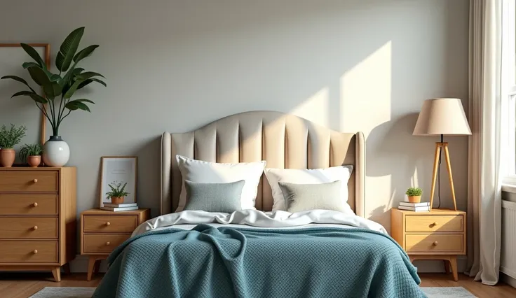 Modern vintage bedroom with light wood furniture, upholstered headboard and blue crochet blanket on the bed.