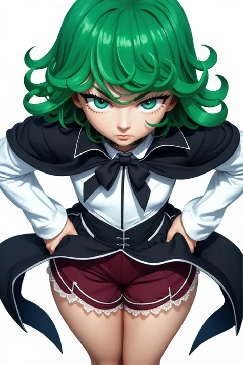  masterpiece,  best quality, 1 garota, tatsumaki, One-Punch Man,  short, wavy green hair with upturned tips ,  bright emerald green eyes with an intense look ,  tight black dress with long sleeves and high side slits,  short black cape with high collar and...