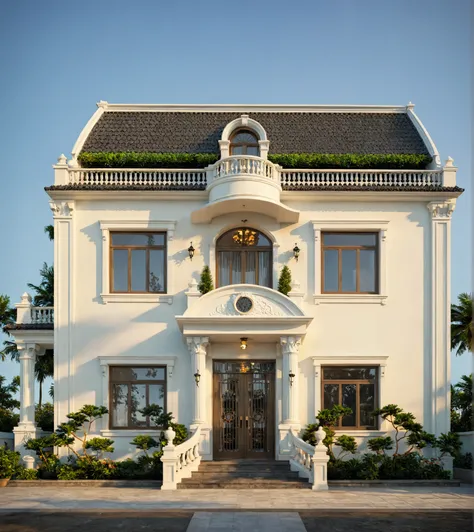 exterior of indochine villa, streetcapes, clear sky, few cloud, interior warm lighting, morning sunlight,minimalist landscaping, featuring lush greenery, textured walls, and natural materials. The villa is set under a blue sky with scattered clouds, casti...