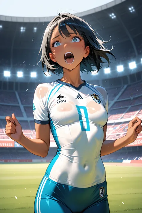 hot argentinian soccer fan, tight top, small breasts, black hair, tan skin, stadium, flashing breasts, screaming