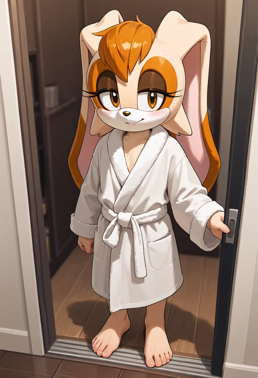 Vanilla The Rabbit, a young man wearing a bathrobe standing in his bedroom with clothes on the floor, 1boy, male focus, solo