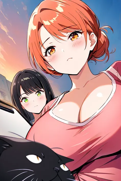 1 cat、Two girls、 and stare at each other、Blushing、（Hair bun wrapped up to the shoulder、orange-pink hair、Big Breasts、 orange eyes from the side diagonally、fine）、（ black hair、 green eyes、 small tits、 long hair、Rin々Shii、 cat lover）、lily、 sunset sky、 Dutch ang...