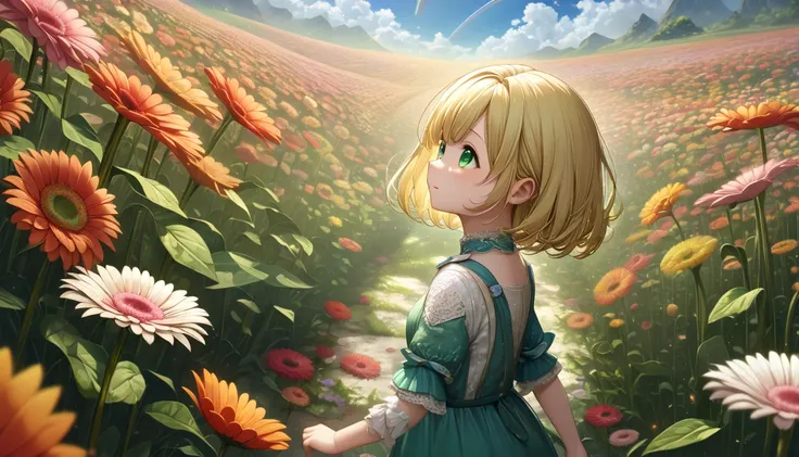 quality, (8k,Highly detailed CG unit wallpaper, masterpiece,High resolution,top-quality,top-quality real texture skin, surreal,Increase the resolution,highest quality,Very detailed,wallpaper),break、Walking through a gerbera field, long shot, beautiful dark...