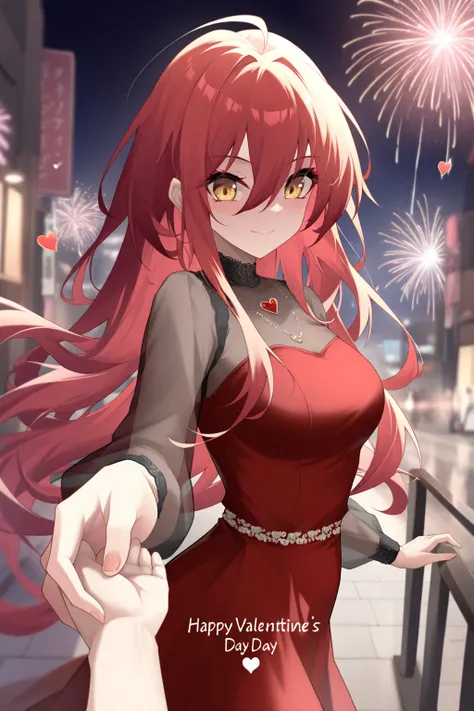 (shixuexiao:1.7), (shiroshisu:0.9), 1girl, Shana Ryu, golden eyes, red eyelashes, red hair, long hair, hair between eyes, medium breasts, high fashion, intricate red dress, jewelry, solo, looking at viewer, smile, holding out hand, street, (((hearts))), ro...