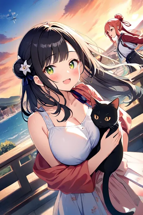 1 cat、Two girls、Blushing、（Hair bun wrapped up to the shoulder、orange-pink hair、Big Breasts、 orange eyes from the side diagonally、fine、Hold the cat）、（ black hair、 green eyes、 small tits、 long hair、Rin々Shii、Look at the cat、Excited）、lily、 sunset sky、 Dutch an...