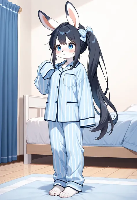 1girl, (furry, kemono:1.4), rabbit girl, animal nose, rabbit ears, pajamas, solo, blue eyes, long hair, black hair, sleeves past wrists, barefoot, blue pajamas, standing, striped clothes, bed, side ponytail, indoors, full body, bow, vertical-striped clothe...