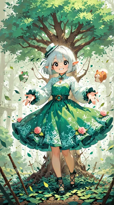 score_9, score_8_up, score_7_up, UHD, Masterpiece, amazing quality, very aesthetic, absurdres, ultra-detailed, 1girl\solo\(hamuko-chan, elf, Shining eyes:1.1, silver bob cut,  mini hat\pink rose\lace, Intricate:1.3\Green leaf dress\frill, lace), (magic\spi...