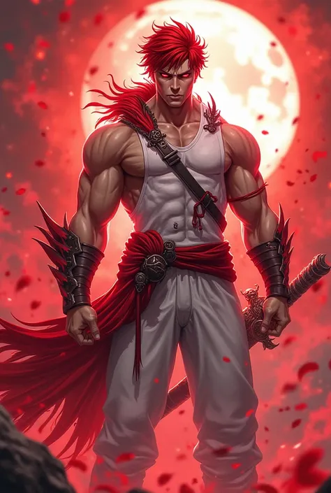 A muscular anime character who has a strong lifesteal and associate with color red and outift is white, have a weapon and have more accesory
