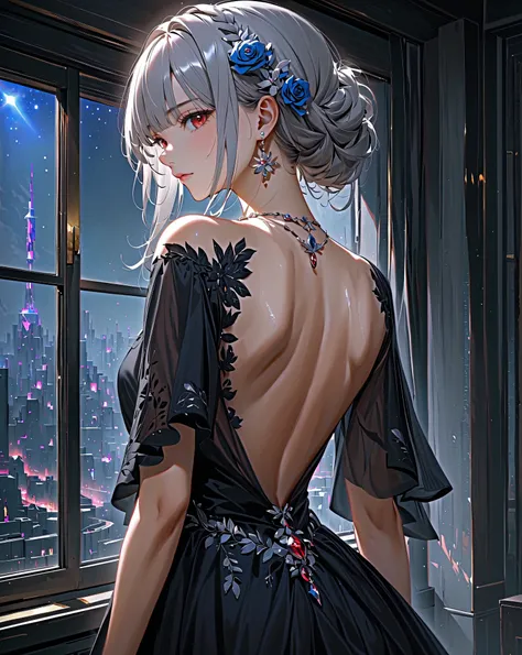 (( Masterpiece)), (( top quality)), ( very well detailed), (( very well detailed)), 4K, (8k),  very aesthetic,   absurd high resolution  ,  female 1 person,  adult woman,  shiny  skin,  shiny 、 perfect anatomy,  dress, Alone,   shining silver hair ,  Red E...