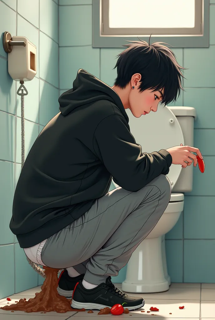  Korean, boy,  middle school student,  hips, Chili pepper, brown and black poop, squatting toilet,  anus, grey training pants,  black hoodie with desk ,  is pooping, voyeur , The bathroom wall ,  black hair,  earrings, Red face, white panties