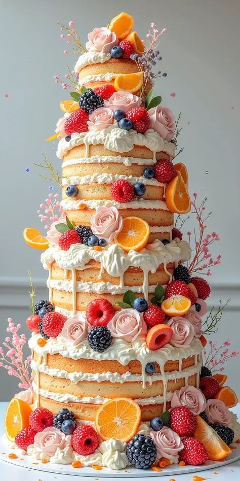 A huge, three-tiered sponge cake with whipped cream. Richly decorated with fruits, berries, and colored marmalade. Incredibly appetizing and surreal.