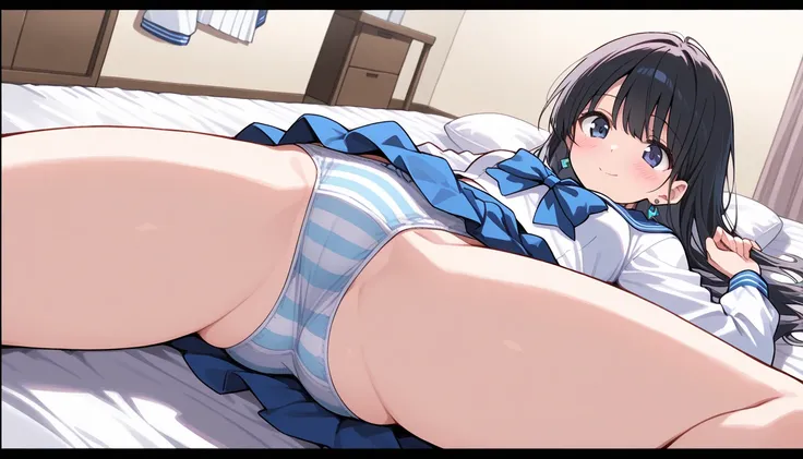 ( beautiful girl : 1.3), 1 girl,( sailor suit, Long Sleeve, skirt, earrings, striped underwear ,濃い恥毛), black hair, long hair,smile, is bashful,blush,Lying down, open, open legs,Butt,濃い恥毛, dressing room, mat, moving, dynamic angle , taken from below,masterp...