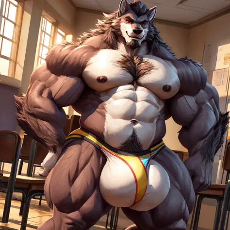 ((أفضل جودة)), ((تحفة)), (مفصل للغاية), ((4K)).

Bara, anthromorphic(wolf): greay and white fur, naked ,red eyes,solo focus , school,briefs,chest hair , massive body, muscular, massive body,, very fat, very muscular,thick thighs, massive bulge, massive bal...