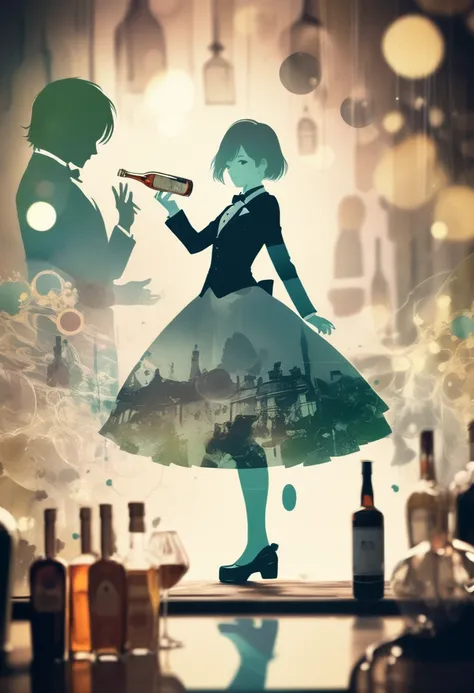 (masterpiece, best quality),(double exposure: 1.2), subtle colors, post-grunge,  paint splatters, intricate details, detailed depiction,A whimsical,cute girl,wearing butler outfit,bar, The background is filled with liquor bottle symbols floating around the...