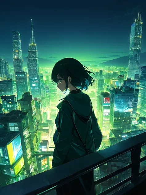    night cityscape seen from behind anime girl on building, neon city, detailed background, moody lighting, green and blue tones, back silhouette, dramatic scene --ar 3:4 --style raw --profile --stylize 200、
SeaArt Infinity