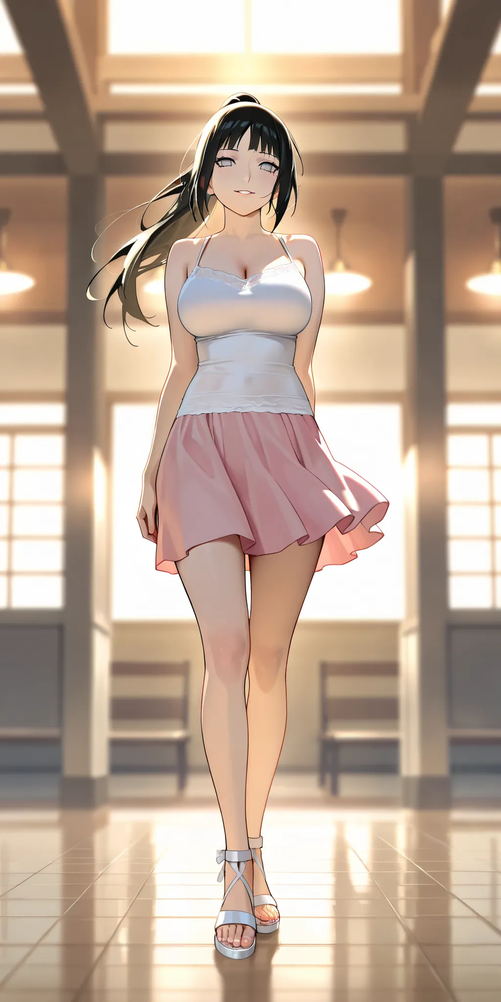 Masterpiece, elegant mature woman, hinata hyuga\(naruto\), high ponytail long hair, white eye color, tall body, white camisole, pink tennis skirt,  white gladiator style strappy sandals, full body, parted lips, smile, dynamic lighting, ultra detailed, high...