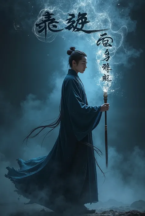 Create a dark, mystical book cover set against a deep midnight blue and inky black backdrop. In the foreground, depict a slender, determined young man named Yin, dressed in traditional, slightly tattered Chinese robes. He holds an ancient calligraphy brush...